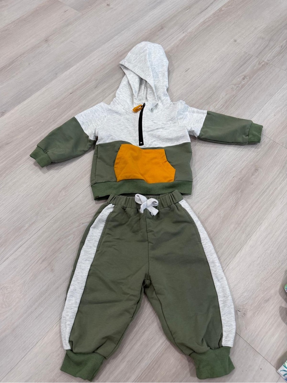 Kids Colorblock Hoodie & Jogger Set in Olive, Gray and Mustard